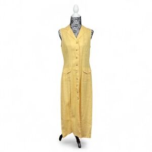 Vintage 90s Minimalist Linen Yellow Button Front Maxi Dress Medium Pockets